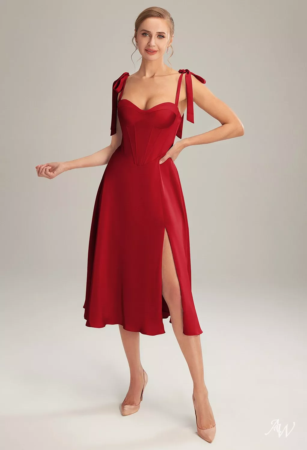 red tea length bridesmaid dresses AW.Bridal A-line Sweetheart Neckline Sleeveless Satin Bow/Bowknot Bows Split Short Dress Tango Size 8 Size:XXS | in stock 28.3 inches mirror with table dress code at Beaches