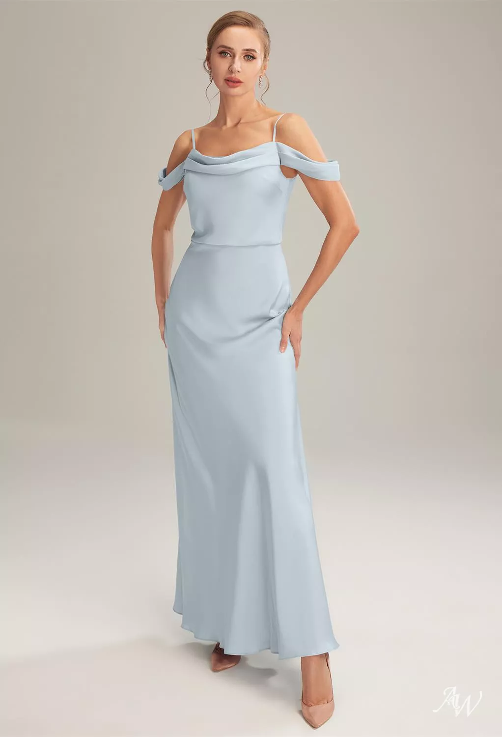 charmeuse cowl neck bridesmaid dress Peach Cowl Neck Spaghetti Strap Slit Charmeuse Column Bridesmaid Dress
