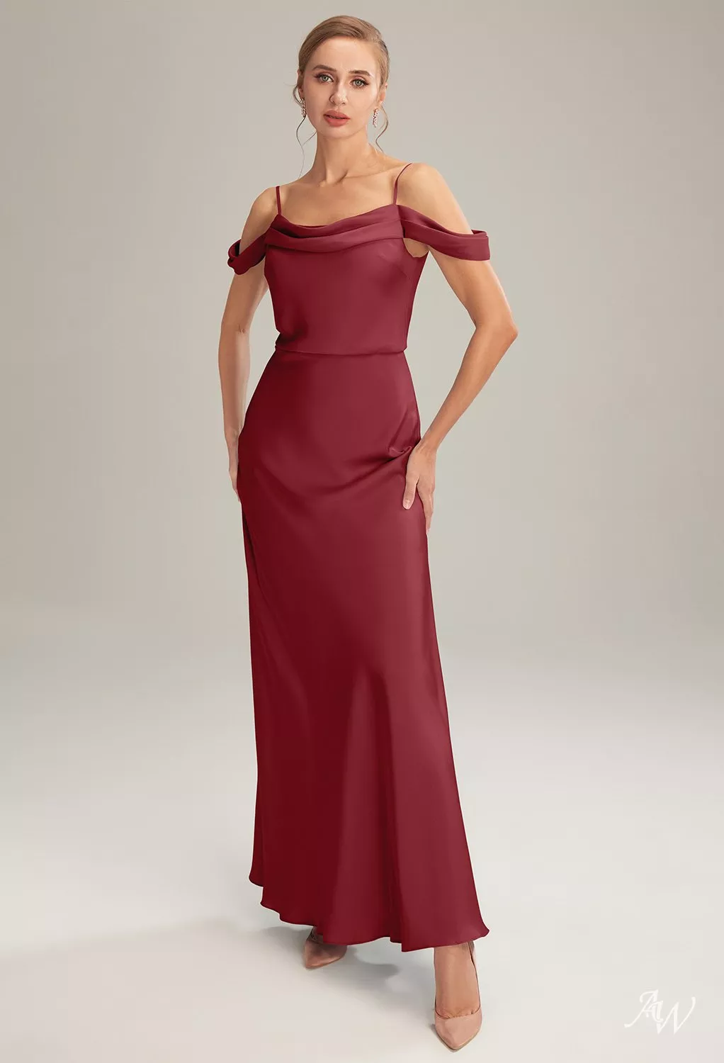 AW.Bridal A-line Cowl Neckline Floor Length Off the Shoulder Spaghetti Straps Satin Long Bridesmaid Dresses Burgundy Size 6