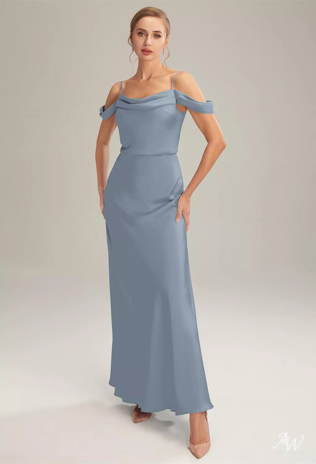 dusty blue cowl neck dress Dusty Blue Formal Dresses Short Sheath/Column Straps Cowl Neck Tea Length  Stretch Satin Formal Dress