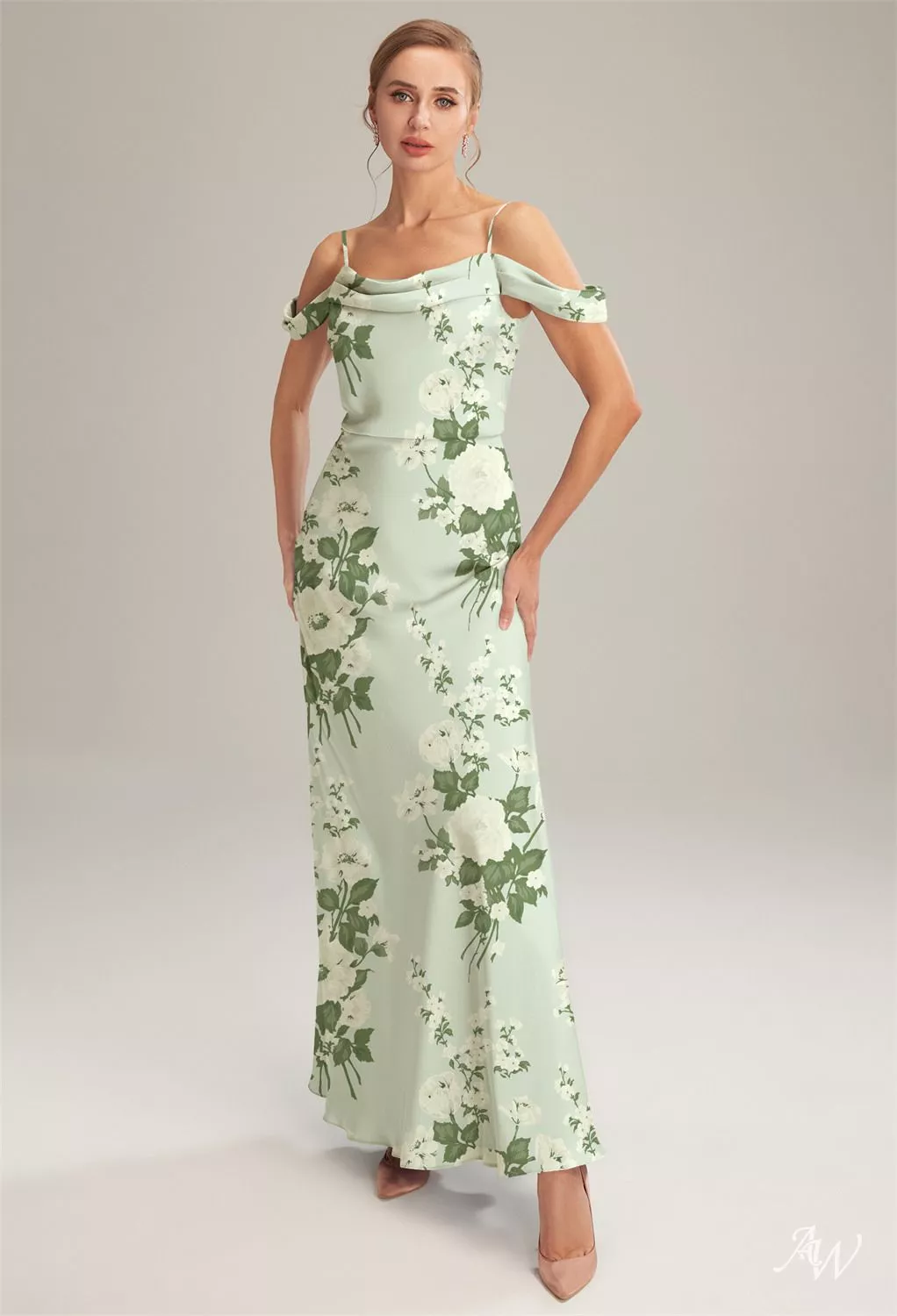 AW.Bridal A-line Cowl Neckline Floor Length Off the Shoulder Spaghetti Straps Satin Floral Bridesmaid Dresses Floral Dress Mottled Moss Green Size 18