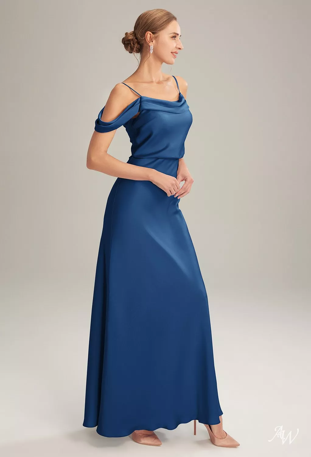AW.Bridal A-line Cowl Neckline Floor Length Off the Shoulder Spaghetti Straps Satin Long Bridesmaid Dresses Dress Navy Size 16