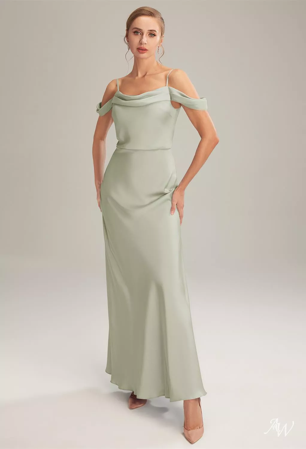 sage green bridesmaid dresses off the shoulder Bridget Satin Dress main image 0