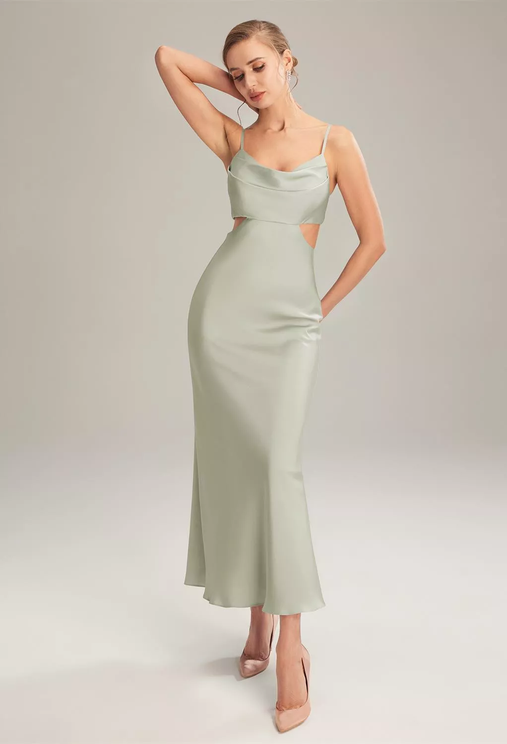 knee length dresses for ladies Beaded Midi Wedding Guest Dress: Mac Duggal 10078 Nude Sage / 2 main image 0