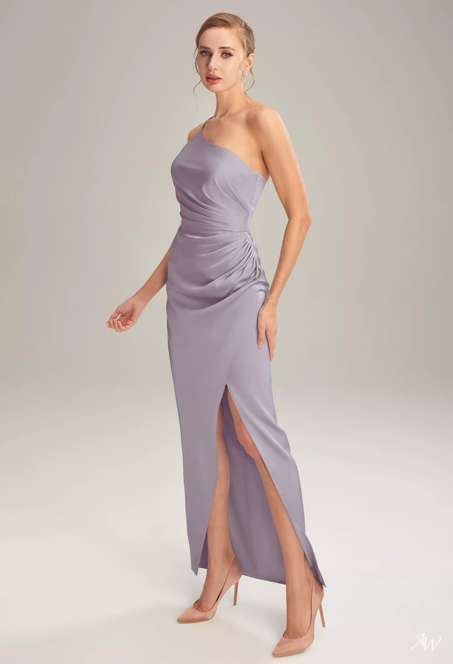 AW.Bridal Mermaid One Shoulder Floor Length Sleeveless Satin Ruching Split Long Bridesmaid Dresses Dress Purple Haze Size 6