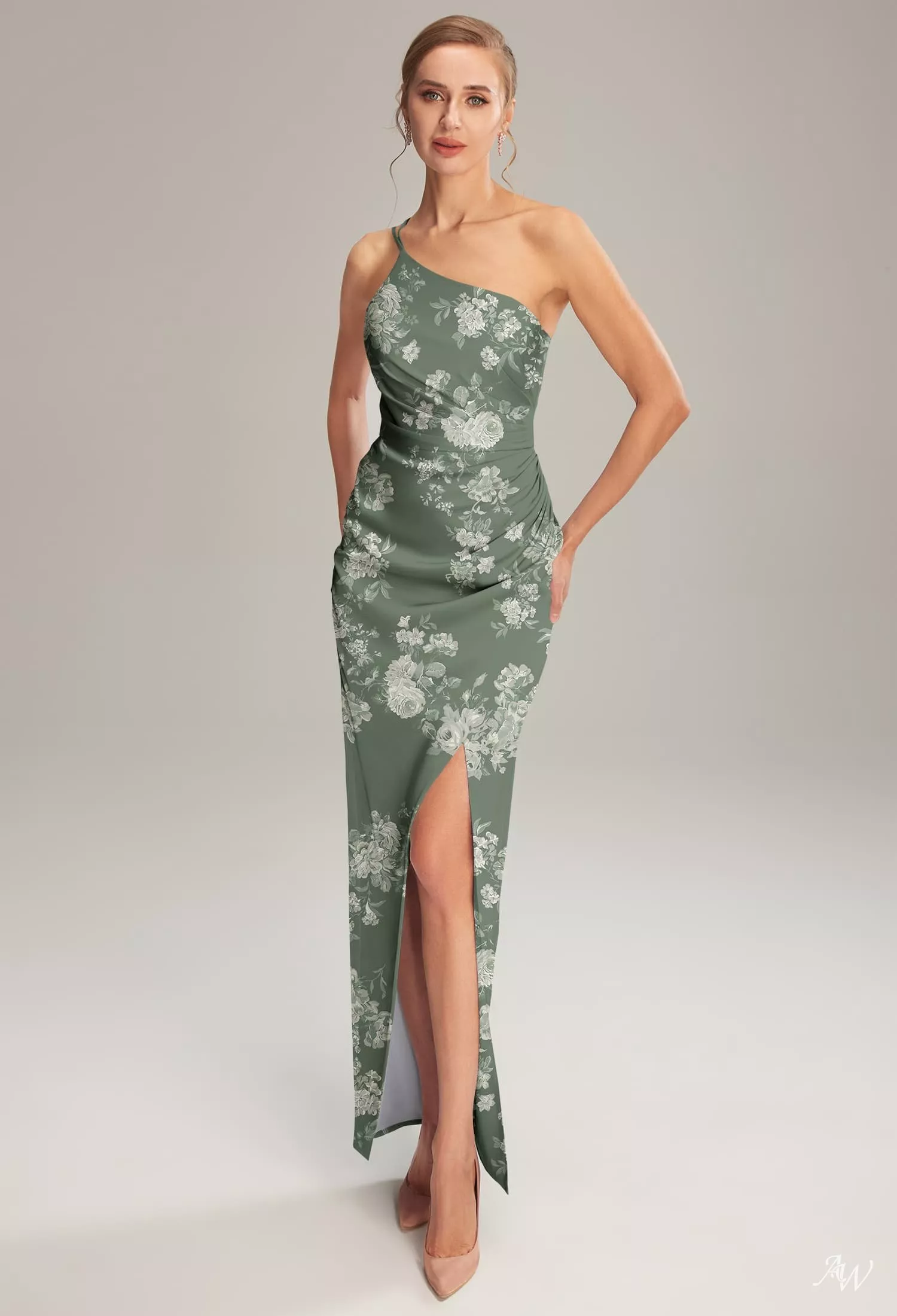 AW Regina Dress, Champagne Crystal Satin Satin Charmeuse Stretch Satin  Floor Length One Shoulder Bridesmaid Dresses | AW.Bridal