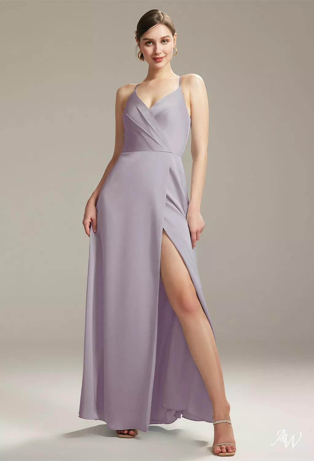 purple v neck bridesmaid dresses AW.Bridal A-line V-Neck Floor Length Sleeveless Spaghetti Straps Satin Cutout Ruching Split Long Dress Haze Size 8 Color:Cafe