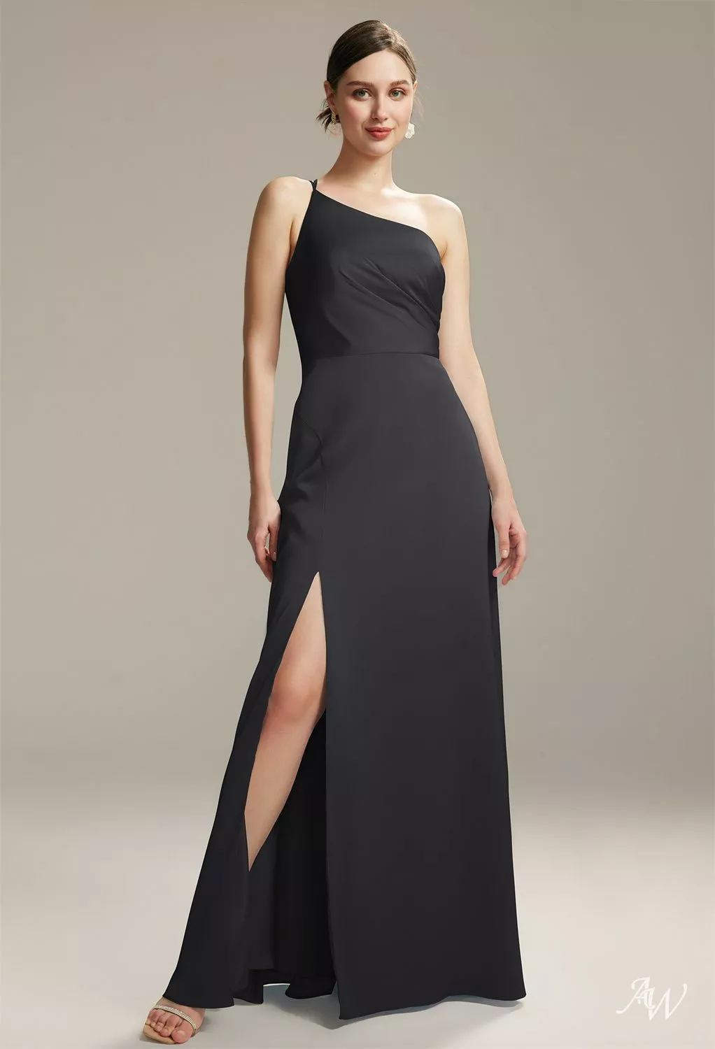 open lace back dress Zapaka Women Olive One Shoulder Mermaid Satin Long Bridesmaid Dress, Black / US12 main image 0