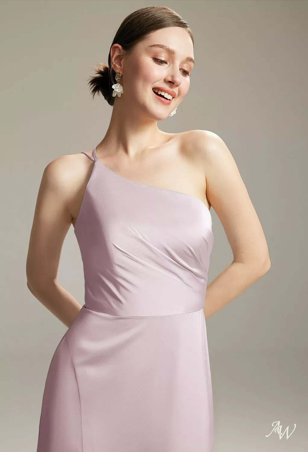 AW.Bridal A-line One Shoulder Floor Length Sleeveless Satin Split Long Bridesmaid Dresses Dusty Rose Size 8