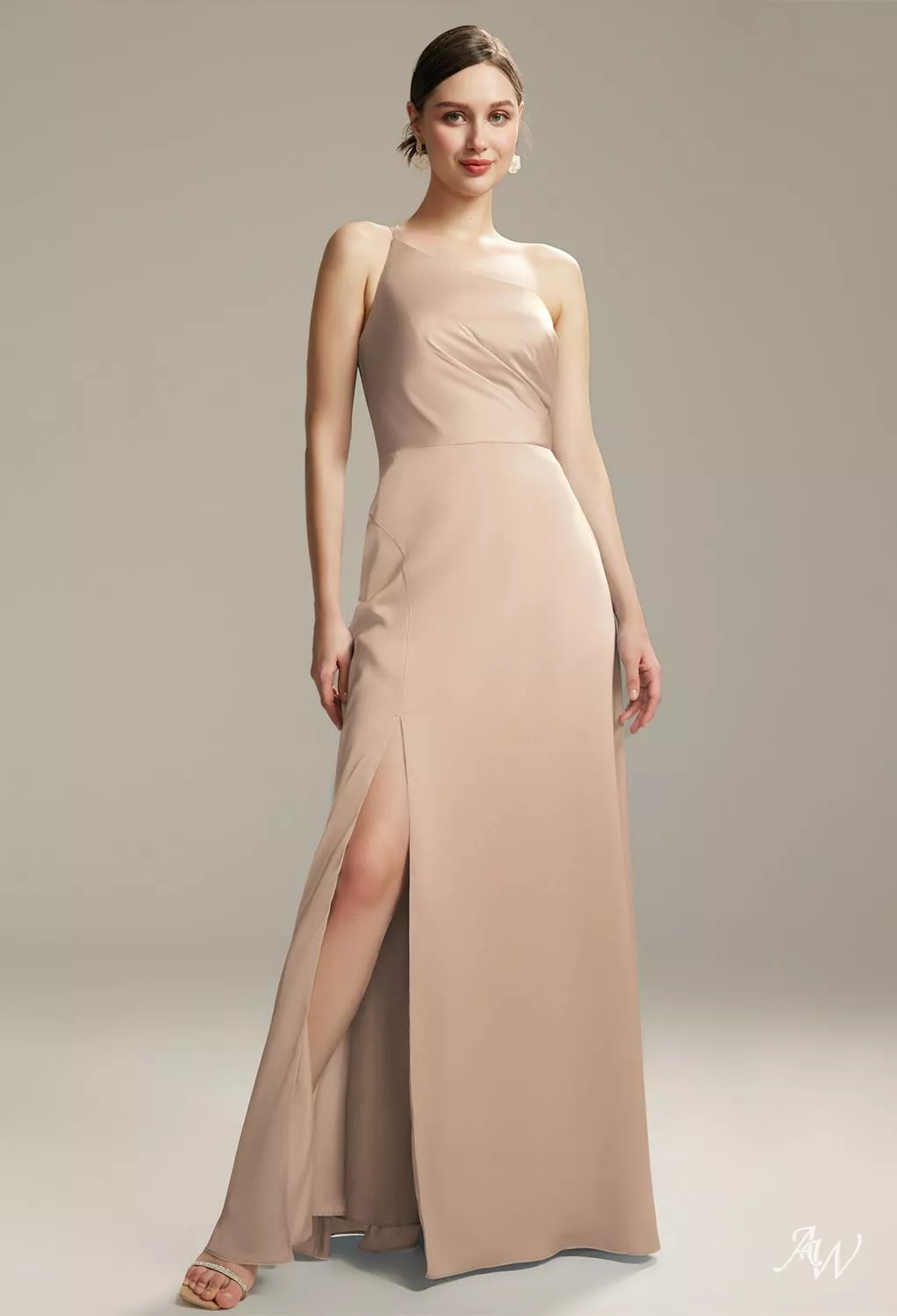 AW.Bridal A-line One Shoulder Floor Length Sleeveless Satin Split Long Bridesmaid Dresses Dress Taupe Size 8