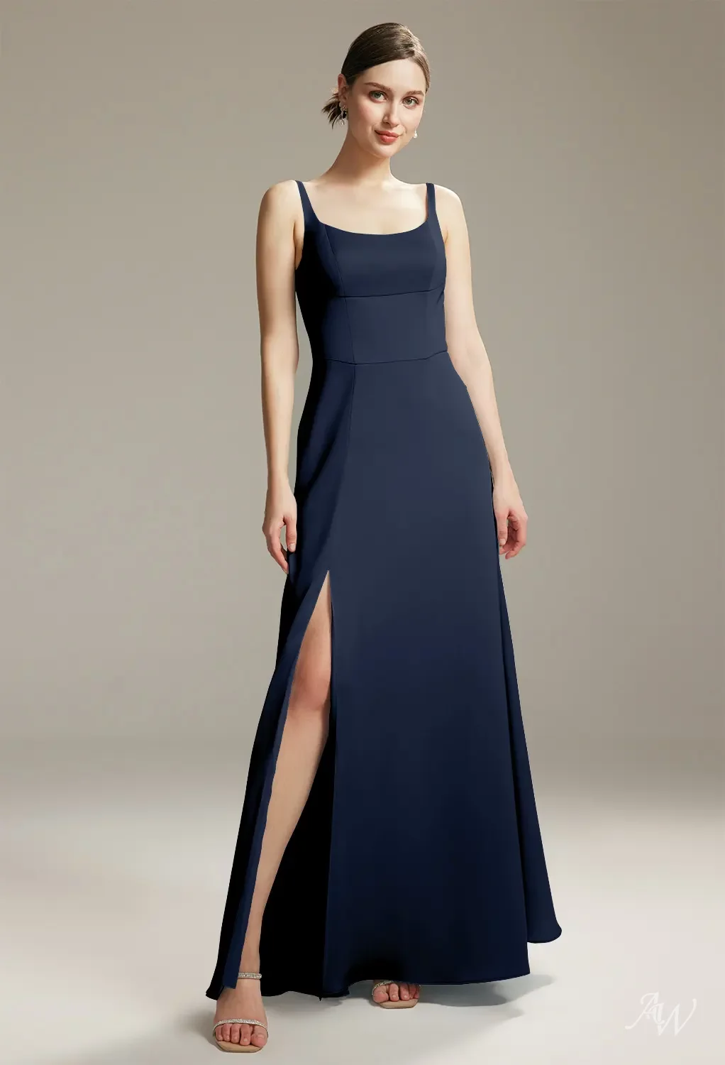AW.Bridal A-line Scoop/U-Neck Floor Length Sleeveless Satin Split Long Bridesmaid Dresses Dress Dark Navy Size 16