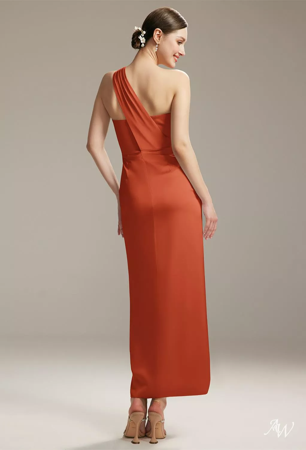 AW.Bridal Column One Shoulder Ankle Length Sleeveless Satin Ruching Split Wedding Guest Dresses Dress Tangerine Size 16