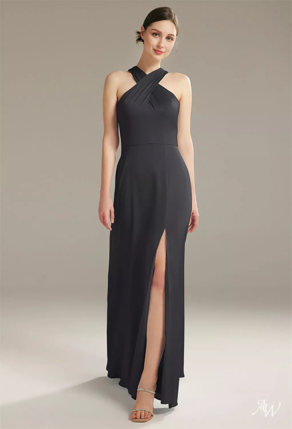 charmeuse halter bridesmaid dress Betsy & Adam Women's Ombre Sleeveless Draped Halter Gown - Navy/Teal