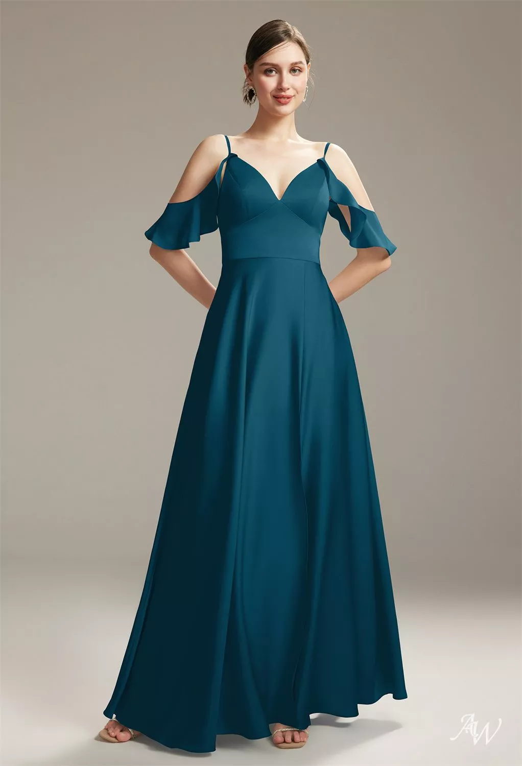charmeuse deep v-neck a-line bridesmaid dress AW.Bridal Floor Length Sleeveless Spaghetti Straps Satin Long Dresses Lake Size 8 Dress Size:16