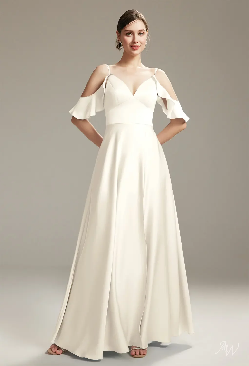 AW.Bridal A-line V-Neck Floor Length Sleeveless Spaghetti Straps Satin Long Bridesmaid Dresses Dress Ivory Size 18