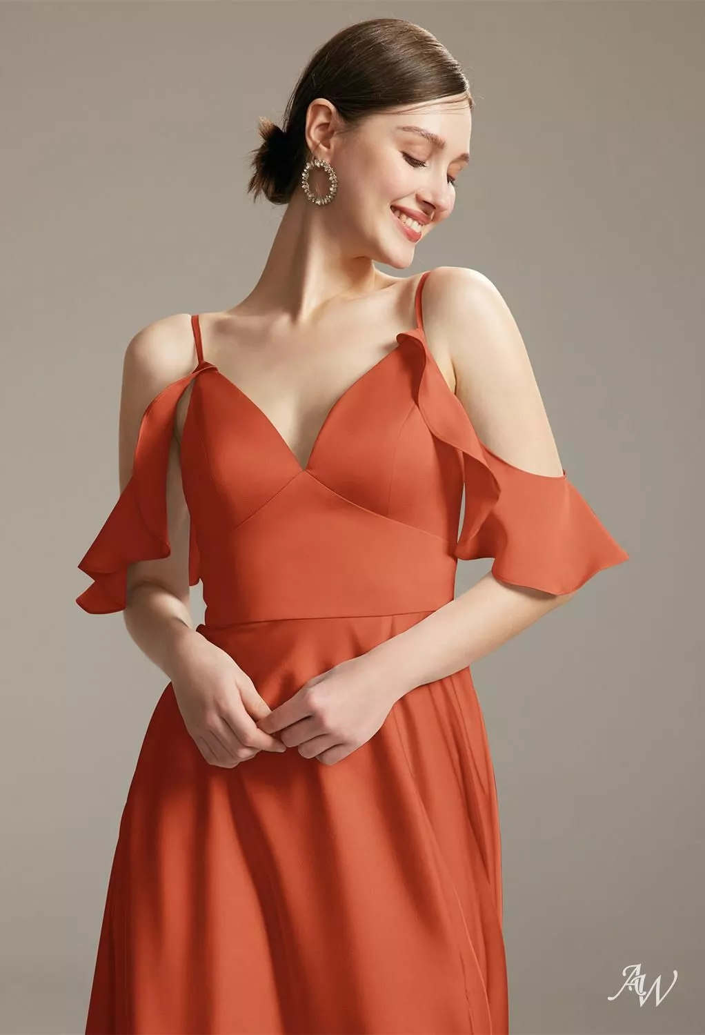 AW.Bridal A-line V-Neck Floor Length Sleeveless Spaghetti Straps Satin Long Bridesmaid Dresses Dress Tangerine Size 18