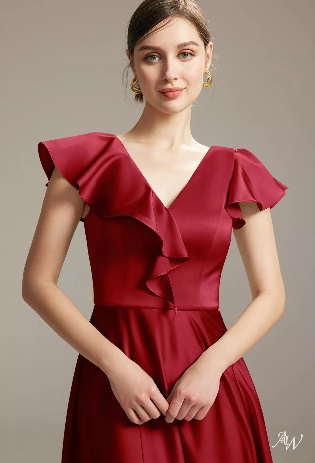 AW Mayella Dress, Taupe Satin Charmeuse Floor Length V-Neck Bridesmaid  Dresses | AW.Bridal