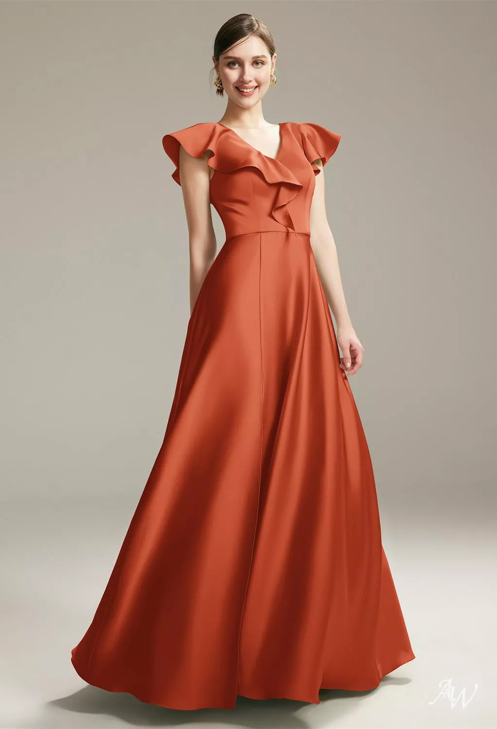 bridesmaid dresses tangerine Elegant A-line V-neck Short Sleeves Long Bridesmaid Dresses With Slit main image 1