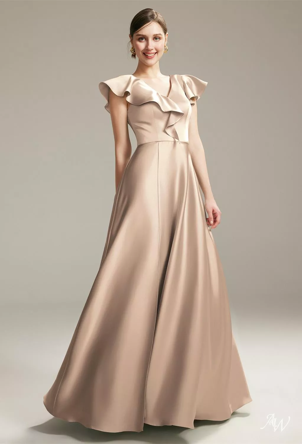 bridesmaid dresses beige AW.Bridal A-line V-Neck Floor Length Short Sleeves Satin Long Dress Taupe Size 18 Sweetheart Sleeves Collection: Rave Outfits Black and Blue Lace Size:M 6/8