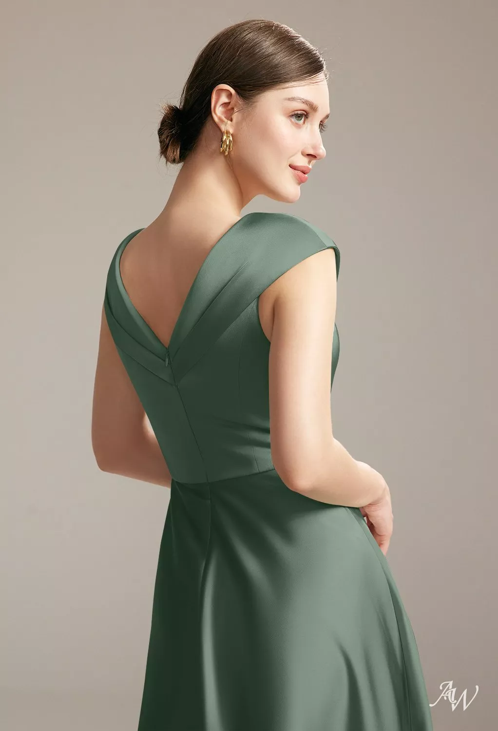 dark olive formal dress AW.Bridal A-line V-Neck Floor Length Cap Sleeves Satin Long Bridesmaid Dresses Size 18 warehousebackup25