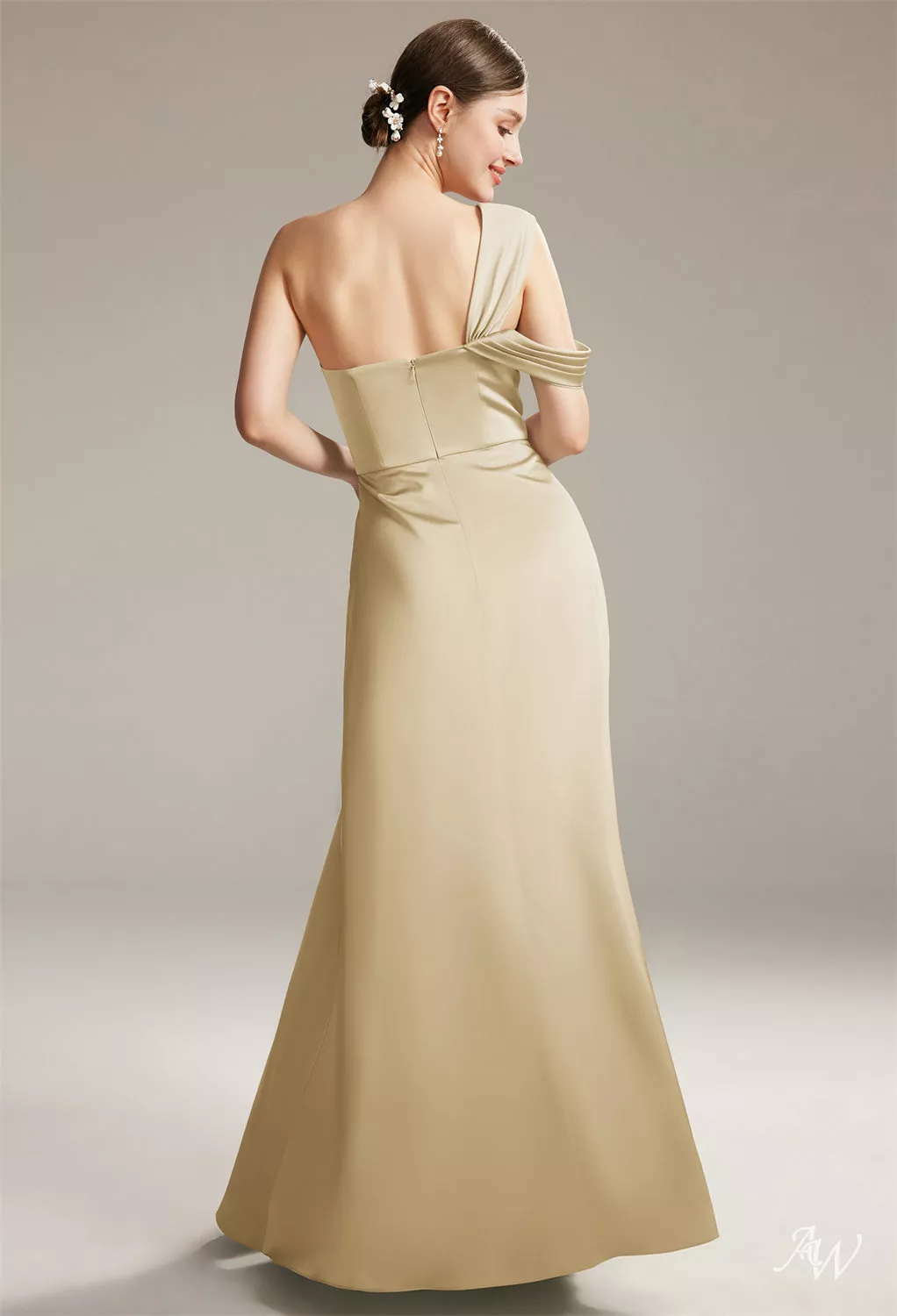 AW Natalia Dress, Taupe Satin Charmeuse Floor Length One Shoulder  Bridesmaid Dresses | AW.Bridal