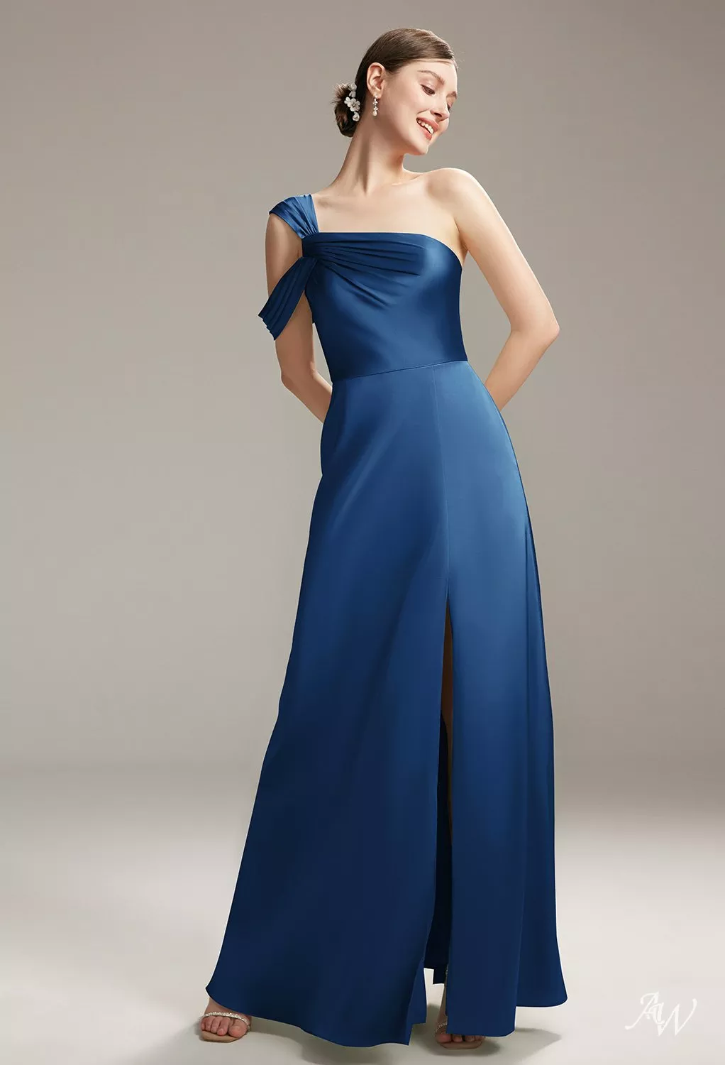 AW Natalia Dress, Taupe Satin Charmeuse Floor Length One Shoulder  Bridesmaid Dresses | AW.Bridal