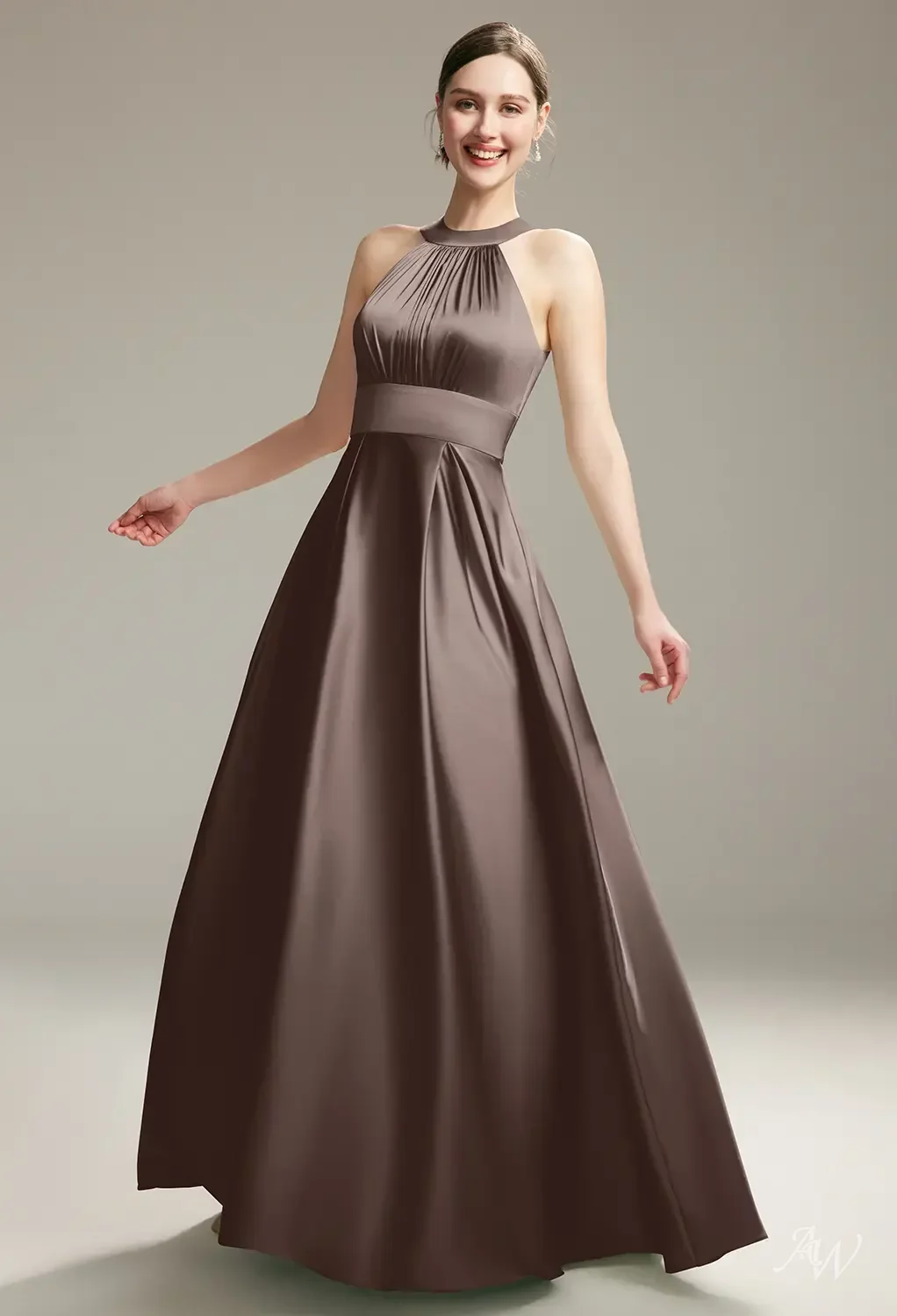 AW.Bridal A-line Bateau Neckline Floor Length Sleeveless Satin Long Bridesmaid Dresses Dress Seal Brown Size 16