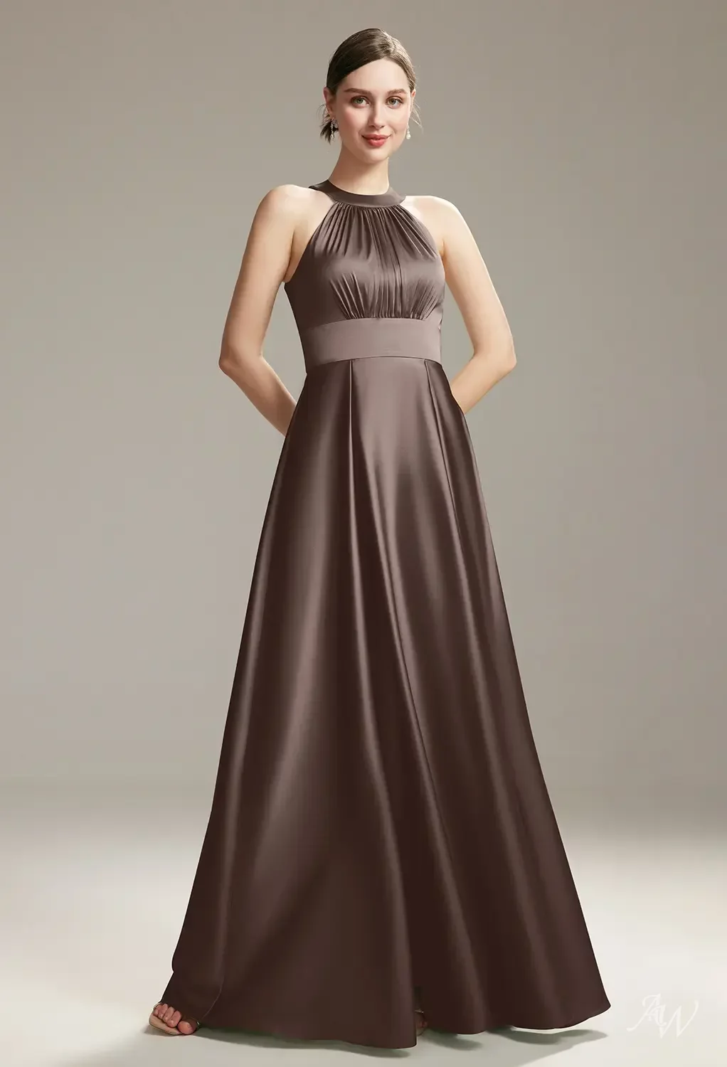 AW.Bridal A-line Bateau Neckline Floor Length Sleeveless Satin Long Bridesmaid Dresses Dress Seal Brown Size 16