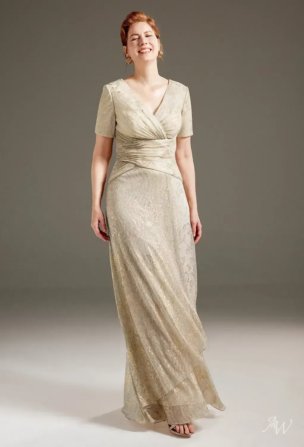 AW.Bridal A-Line V-Neck Floor Length Short Sleeves Mother of The Bride Dresses Dress Champagne Size 18