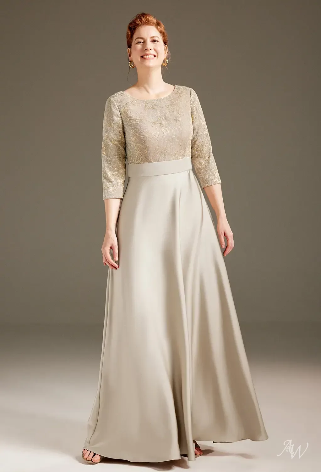 AW.Bridal A-line Bateau Neckline Floor Length 3/4 Sleeves Mother of the Bride Dresses Dress Champagne Size 8