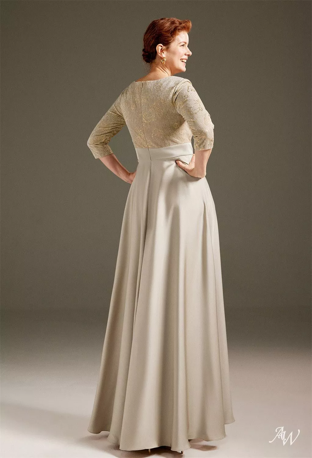 AW.Bridal A-Line Bateau Neckline Floor Length 3/4 Sleeves Mother of The Bride Dresses Dress Champagne Size 8