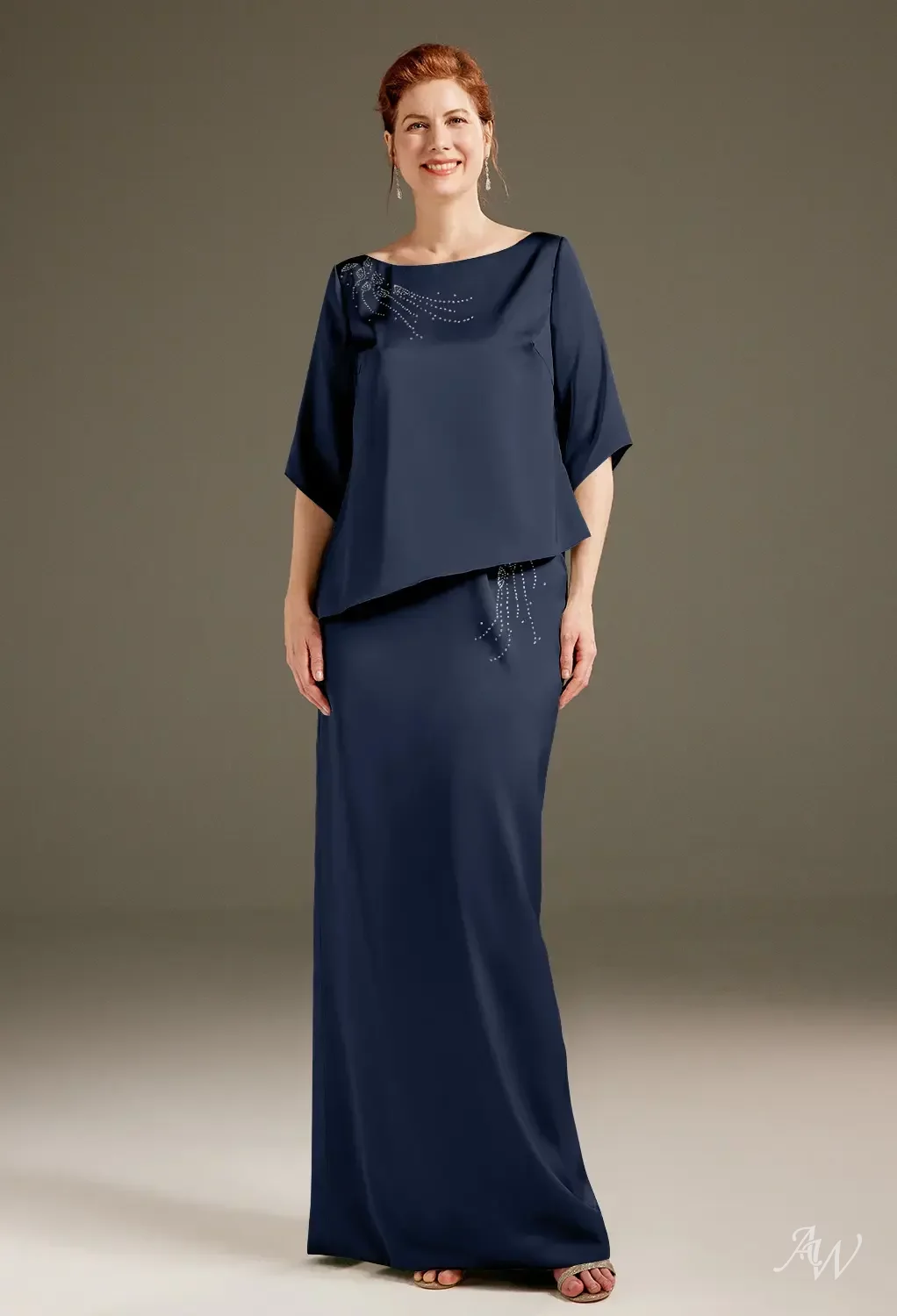 AW.Bridal Column Bateau Neckline Floor Length 3/4 Sleeves Mother of the Bride Dresses Dress Dark Navy Size 8