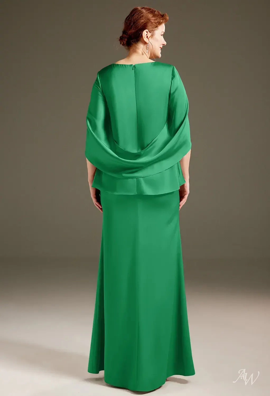 AW.Bridal Mermaid Bateau Neckline Floor Length Short Sleeves Satin Mother of the Bride Dresses Dress Jolly Green Size 8
