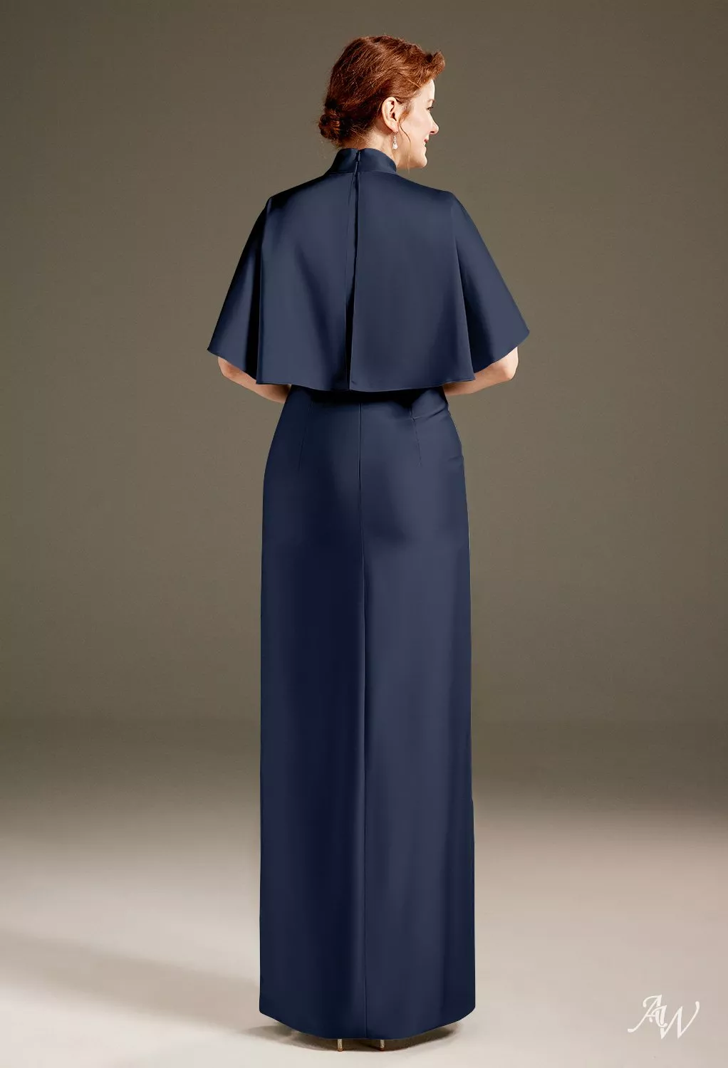 AW.Bridal Column Halter Neckline Floor Length Short Sleeves Satin Mother of the Bride Dresses Dress Dark Navy Size 8