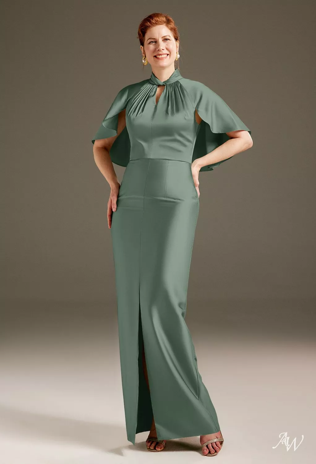 AW.Bridal Column Halter Neckline Floor Length Short Sleeves Satin Mother of the Bride Dresses Dress Dark Olive Size 18