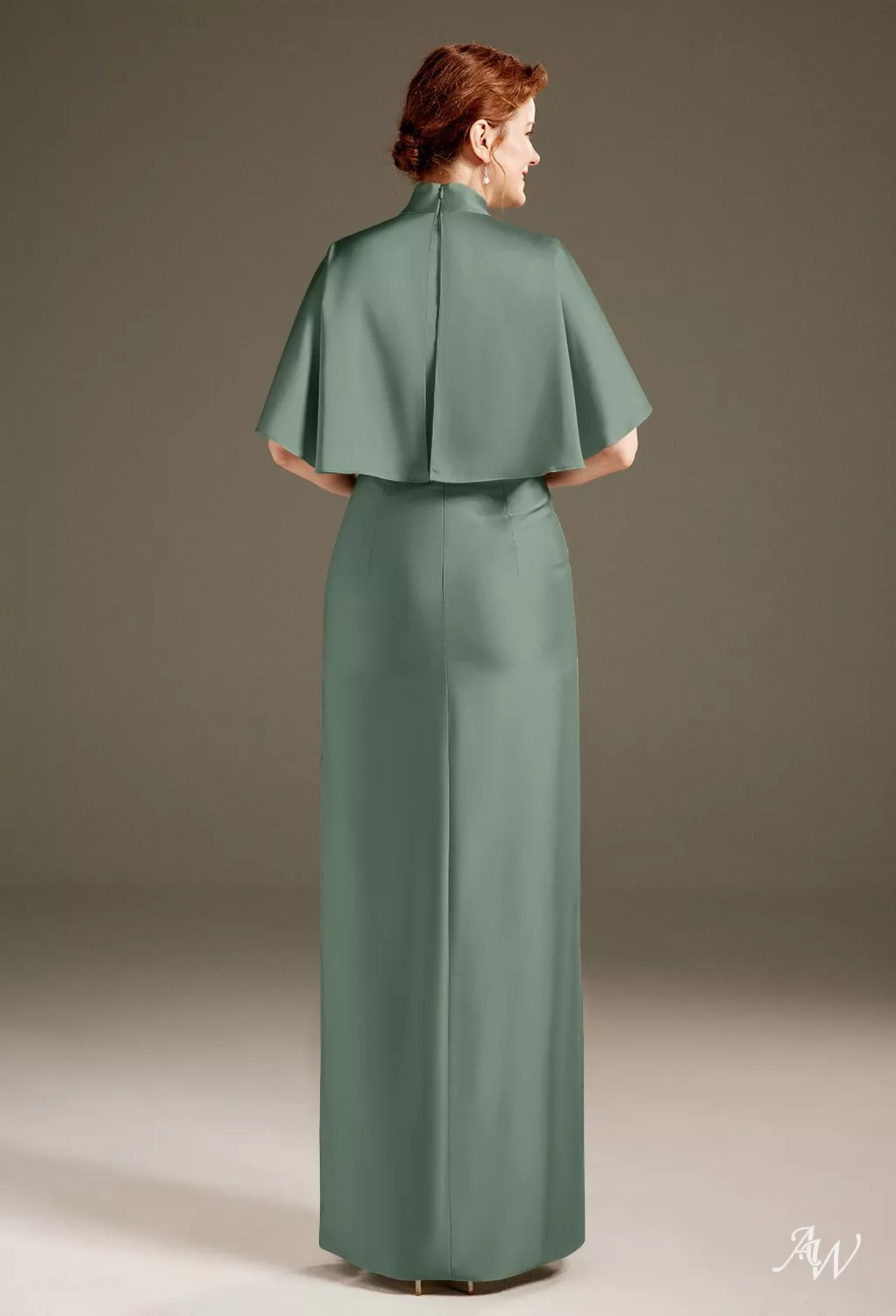 AW.Bridal Column Halter Neckline Floor Length Short Sleeves Satin Mother of the Bride Dresses Dress Dark Olive Size 18