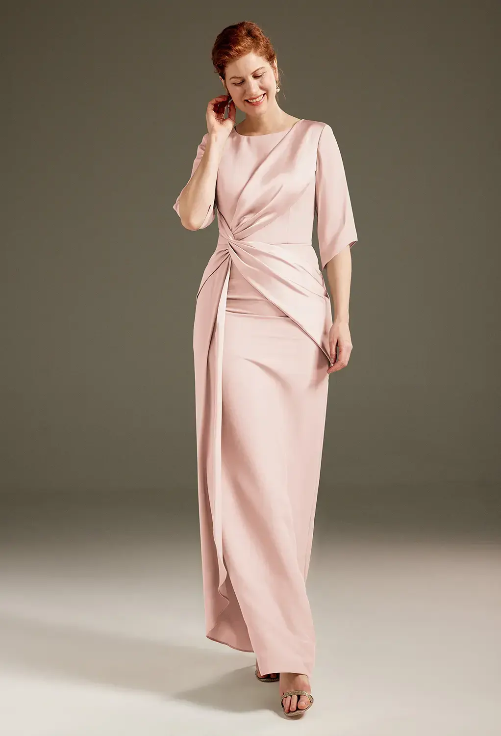 pink mother of the bride dresses Sparkly Blush Pink Round Neck Long Mother of the Bride Dress with Cape
