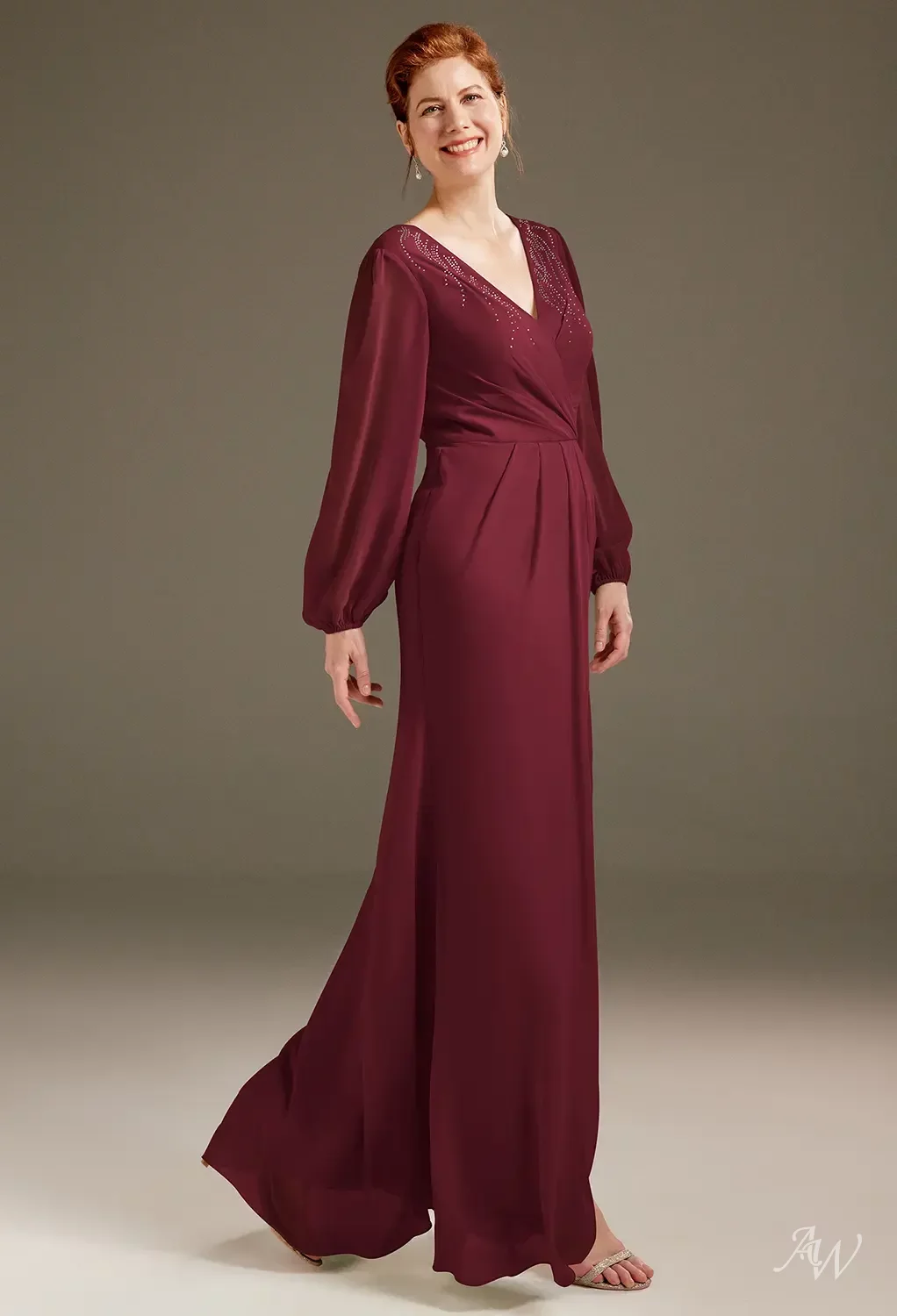 AW.Bridal A-Line V-Neck Floor Length Puff Sleeves Mother of The Bride Dresses Dress Burgundy Size 18