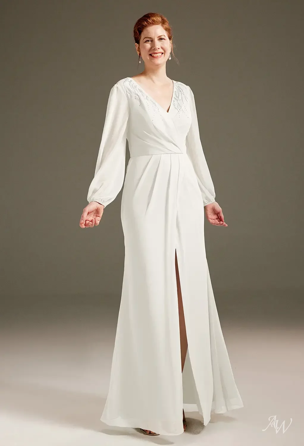 AW.Bridal A-line V-Neck Floor Length Puff Sleeves Mother of the Bride Dresses Dress Ivory Size 18