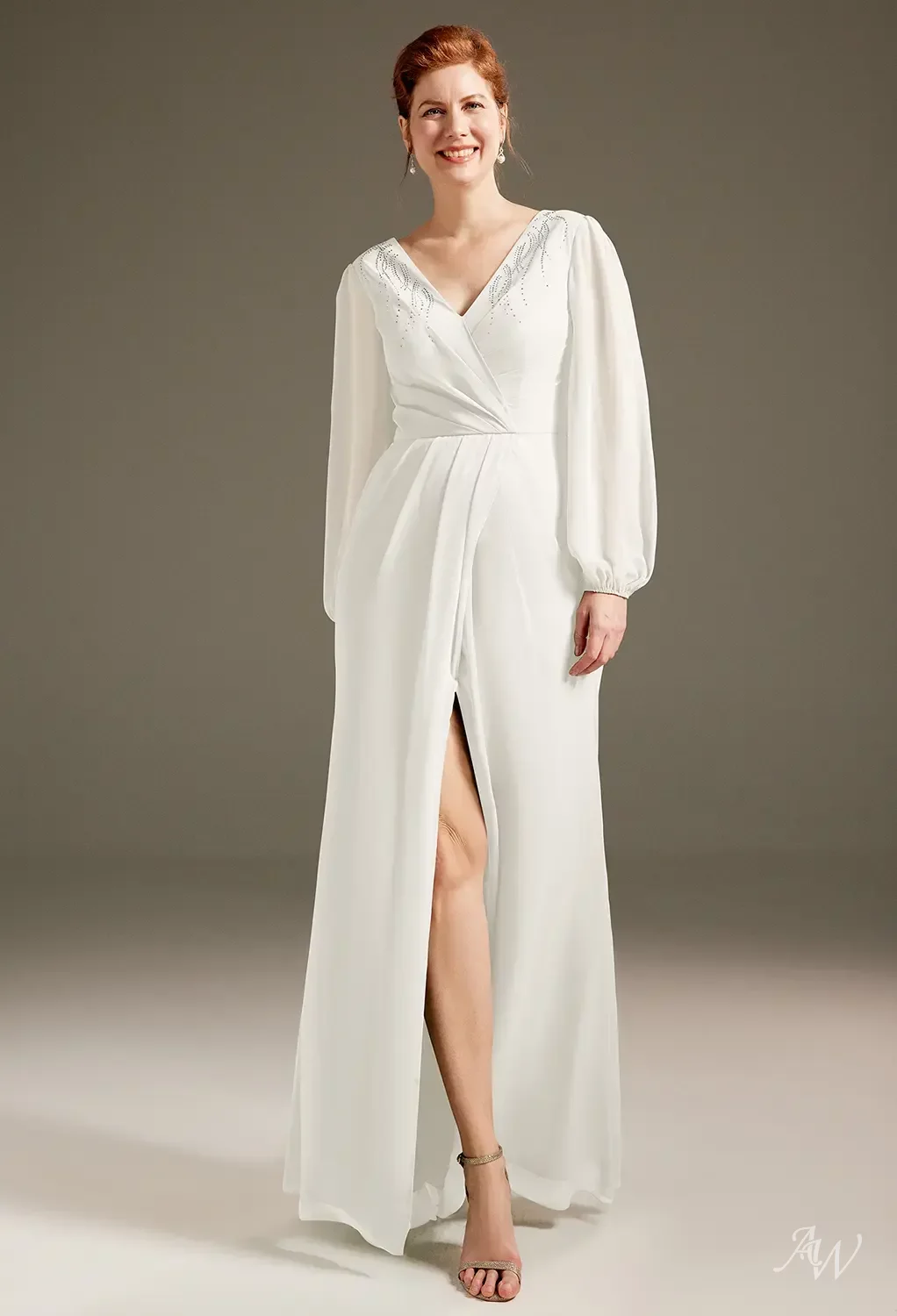 ivory mother of the bride dresses 2 Pieces A-Line/Princess V-Neck Chiffon with Jacket Sequins Ankle-Length Long Sleeves Royal Blue Satin Silhouette AW Olivine Ivory Mother of