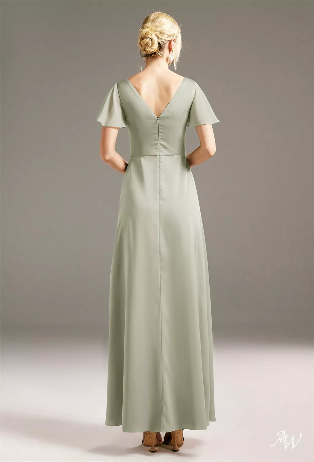 AW.Bridal A-line Cowl Neckline Floor Length Short Sleeves Satin Charmeuse Split Long Bridesmaid Dresses Sage Green Size 18