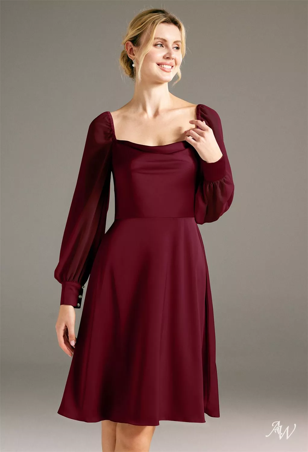 AW.Bridal A-line Square Neckline Knee Length Long Sleeves Puff Sleeves Wedding Guest Dresses Dress Deep Claret Size 18