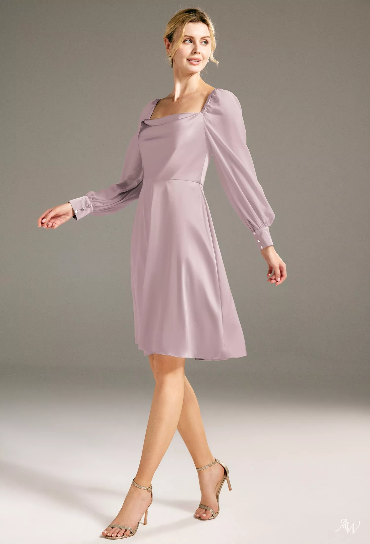 dusty rose knee length dress AW.Bridal A-line Square Neckline Long Sleeves Puff Sleeves Wedding Guest Dresses Size 18 Bridesmaid dresses