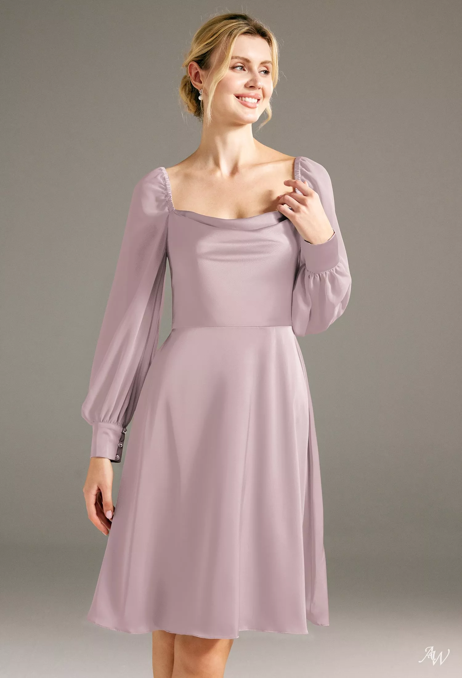 knee length dusty rose dress AW.Bridal A-line Square Neckline Long Sleeves Puff Sleeves Wedding Guest Dresses Size 18 elbow length sleeves