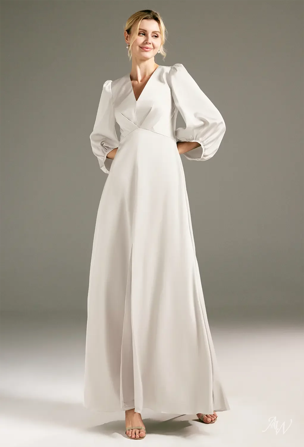 AW.Bridal A-line V-Neck Floor Length Puff Sleeves Satin Split Long Bridesmaid Dresses Dress Buttercream Size 16