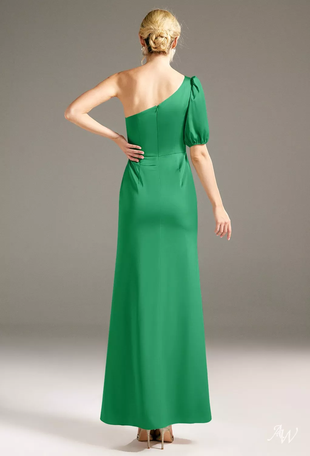 seed green dress AW.Bridal A-line One Shoulder Floor Length Short Sleeves Satin Split Long Bridesmaid Dresses Jolly Size 16 Women's Festival Dress
