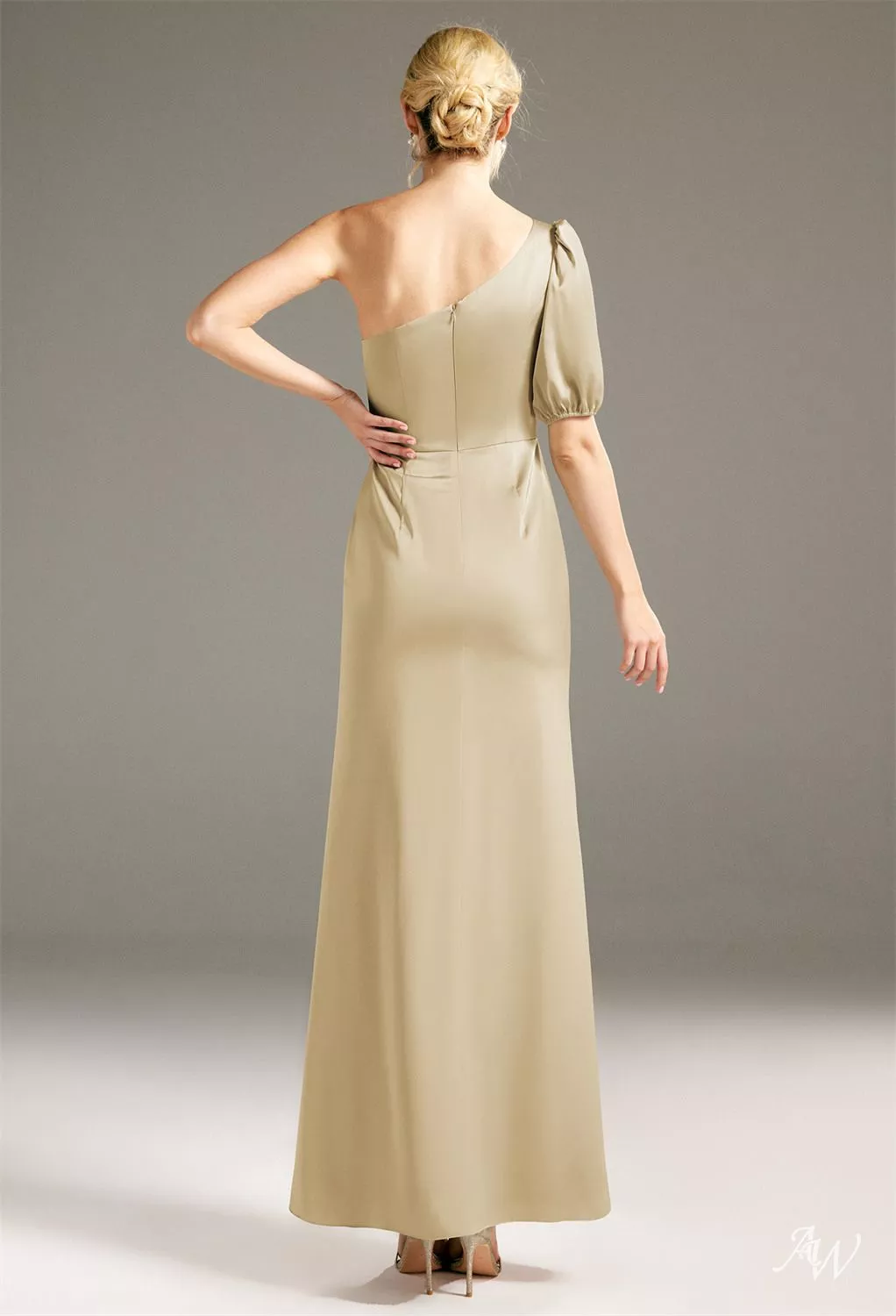 AW Deane Dress, Fennel Seed Satin Charmeuse Floor Length One Shoulder  Bridesmaid Dresses | AW.Bridal
