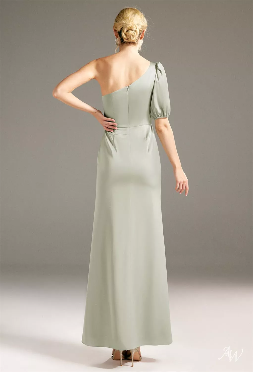 seed green dress AW.Bridal A-line One Shoulder Floor Length Short Sleeves Satin Split Long Bridesmaid Dresses Sage Size 6 Seed heritage