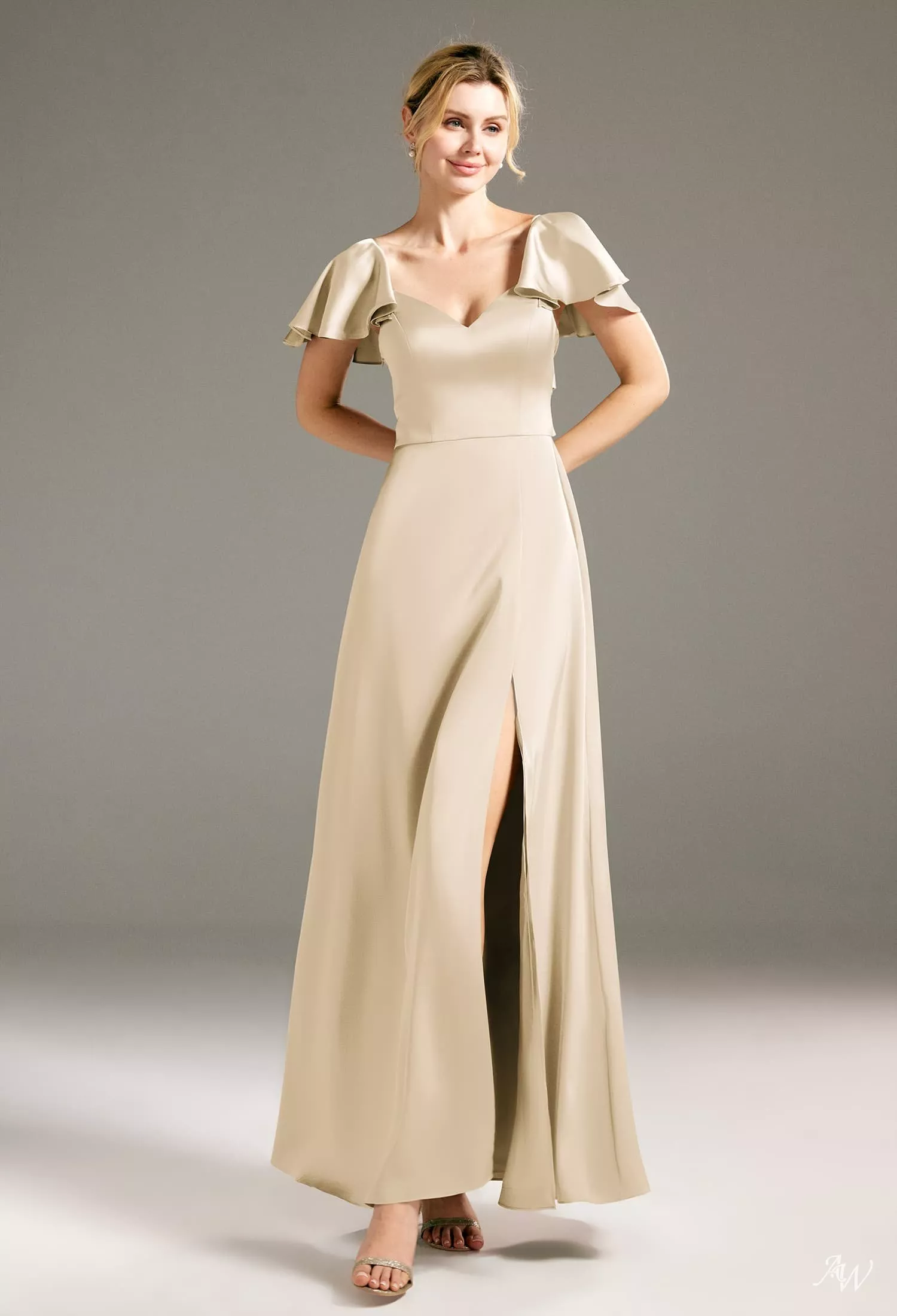charmeuse champagne bridesmaid dresses AW.Bridal A-line V-Neck Floor Length Short Sleeves Satin Cutout Split Plus Size Dress Size 4 Color:Ivory-Black Women's Floral Shirts | Color_Orchid Bride dress day wear