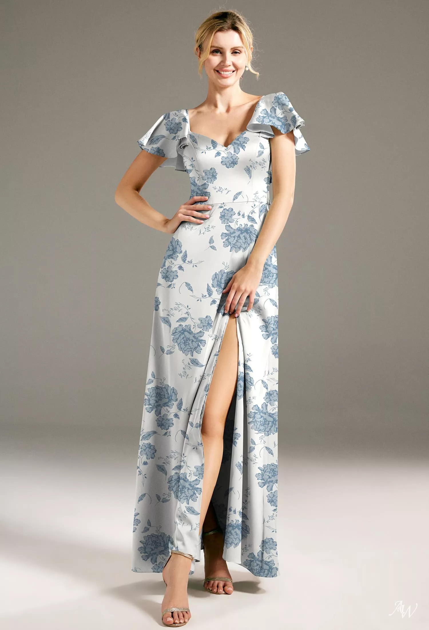 AW.Bridal A-line V-Neck Floor Length Short Sleeves Satin Cutout Split Floral Bridesmaid Dresses Floral Dress Dusty Blue Peonies Size 6